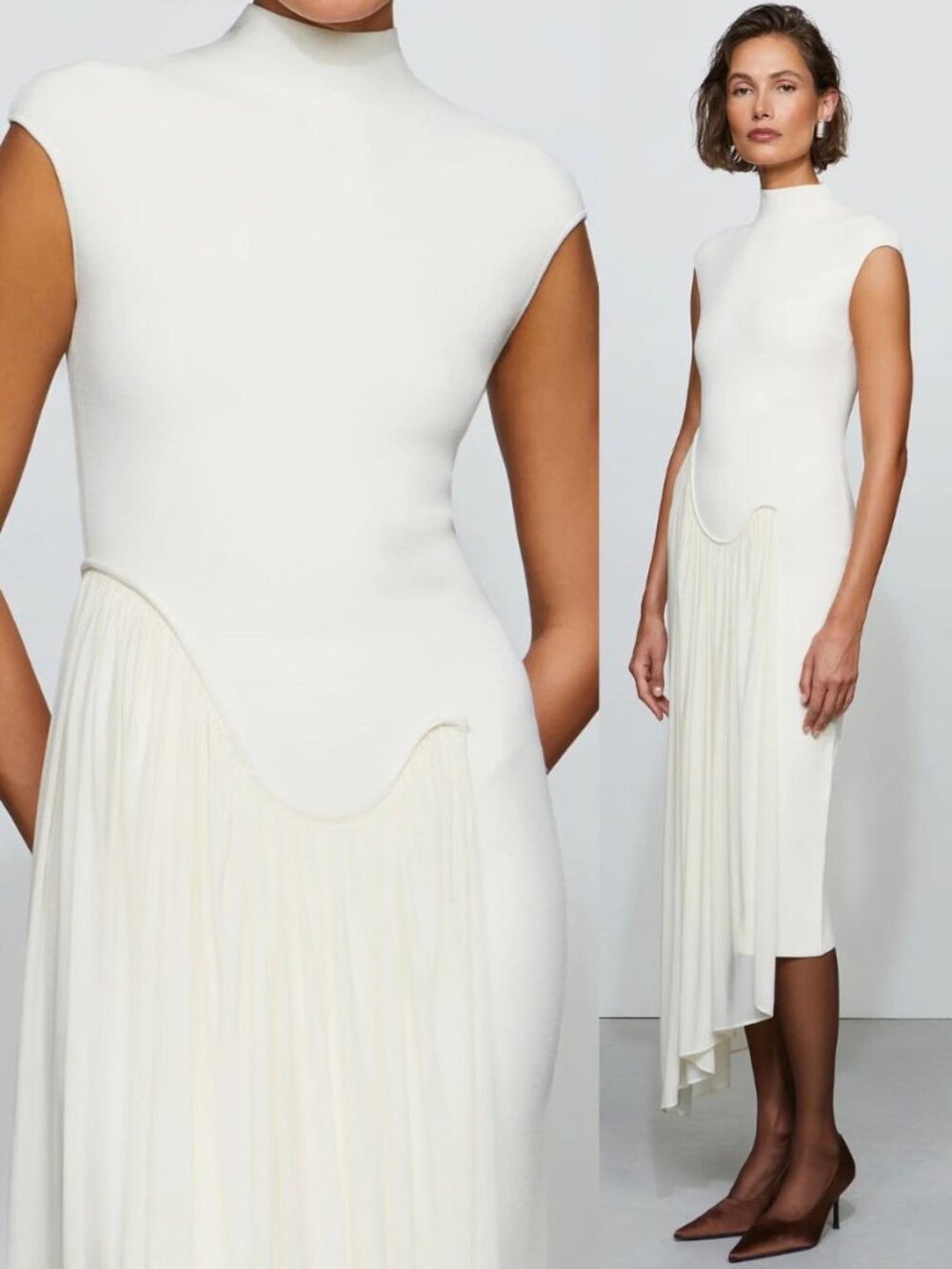 Et Ochs Francis Midi Dress Ivory White Asymmetric Knit Combo NWT Size M